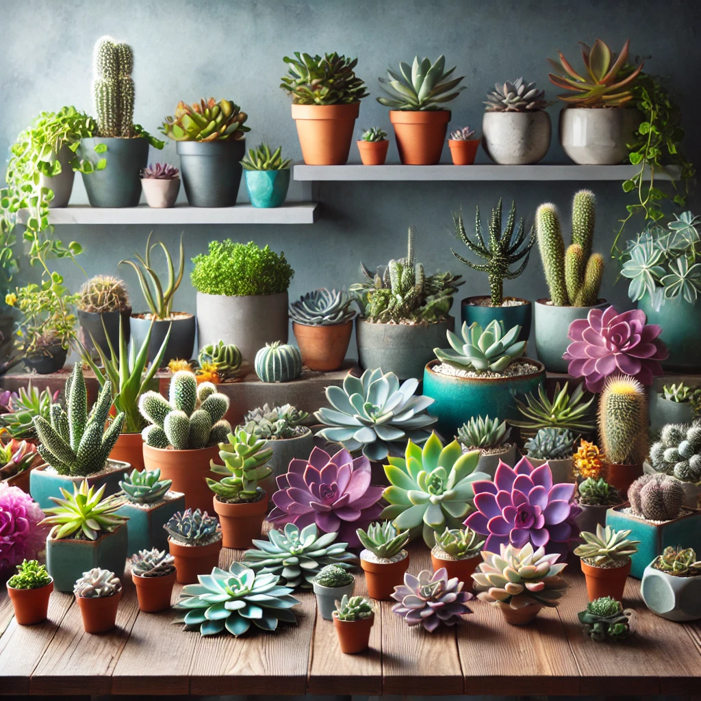 A vibrant display of succulents arranged in a minimalist setting, perfect for online buyers seeking abundance.