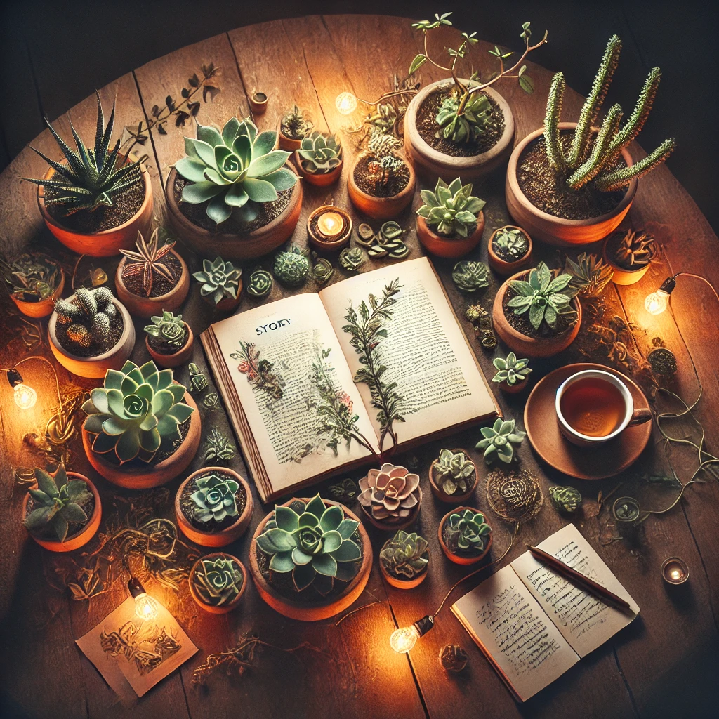 A cozy scene featuring succulents arranged symbolically around an open book on a wooden table, representing storytelling and intentionality.