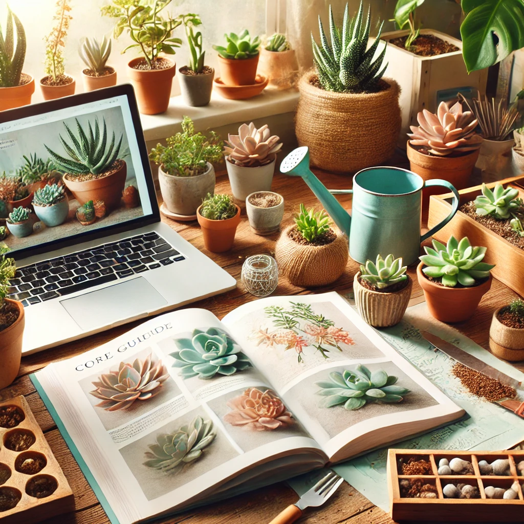 A cozy workspace with potted succulents, a care guidebook, and a laptop showing a DIY tutorial, emphasizing education and styling for plant lovers.